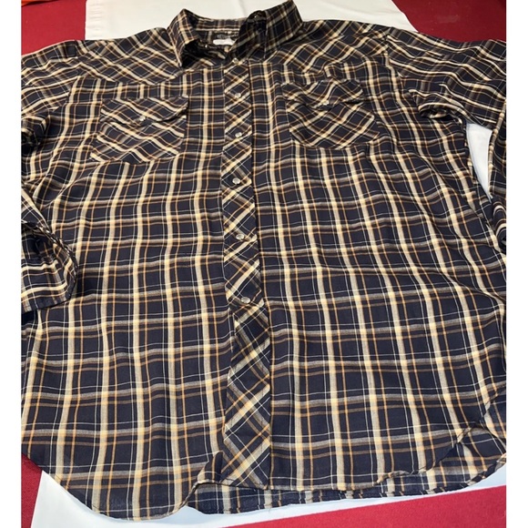 Christopher Rand dark plaid Western Shirt Blue Tan Rockabilly Pearl Snap up 1970 - Picture 7 of 11